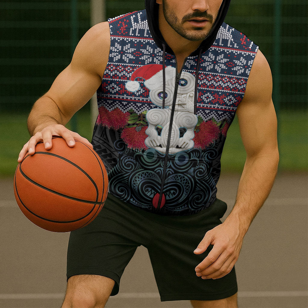 New Zealand Hei Tiki Christmas In July Sleeveless Zip Hoodie Pohutukawa Santa Xmas Polynesian Pattern