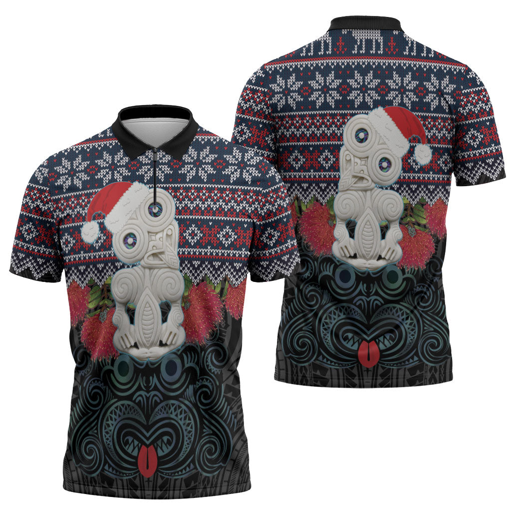 New Zealand Hei Tiki Christmas In July Zipper Polo Shirt Pohutukawa Santa Xmas Polynesian Pattern