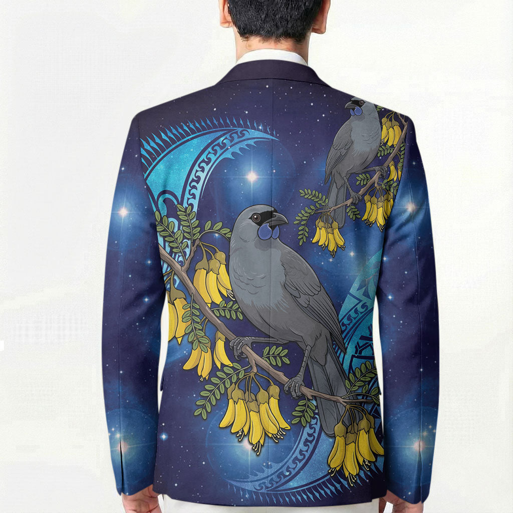 New Zealand Kokako Bird Blazer Kowhai Galaxy Style Polynesian Pattern