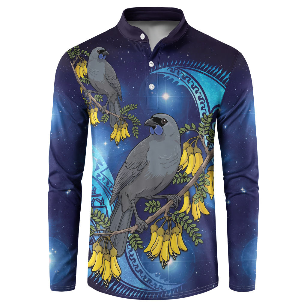 New Zealand Kokako Bird Button Sweatshirt Kowhai Galaxy Style Polynesian Pattern