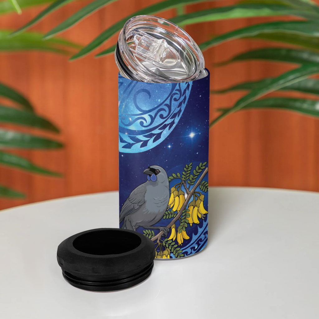 New Zealand Kokako Bird 4 in 1 Can Cooler Tumbler Kowhai Galaxy Style Polynesian Pattern