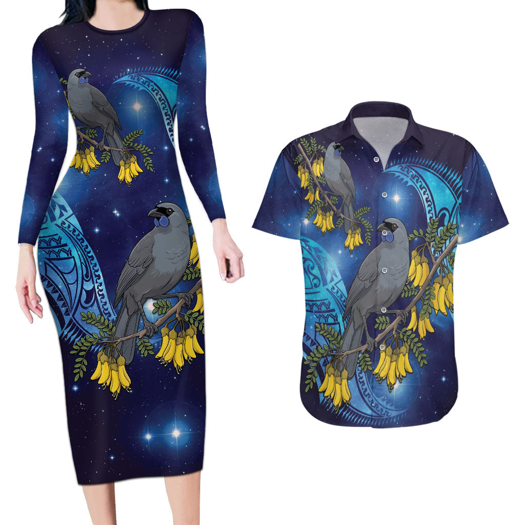 New Zealand Kokako Bird Couples Matching Long Sleeve Bodycon Dress and Hawaiian Shirt Kowhai Galaxy Style Polynesian Pattern