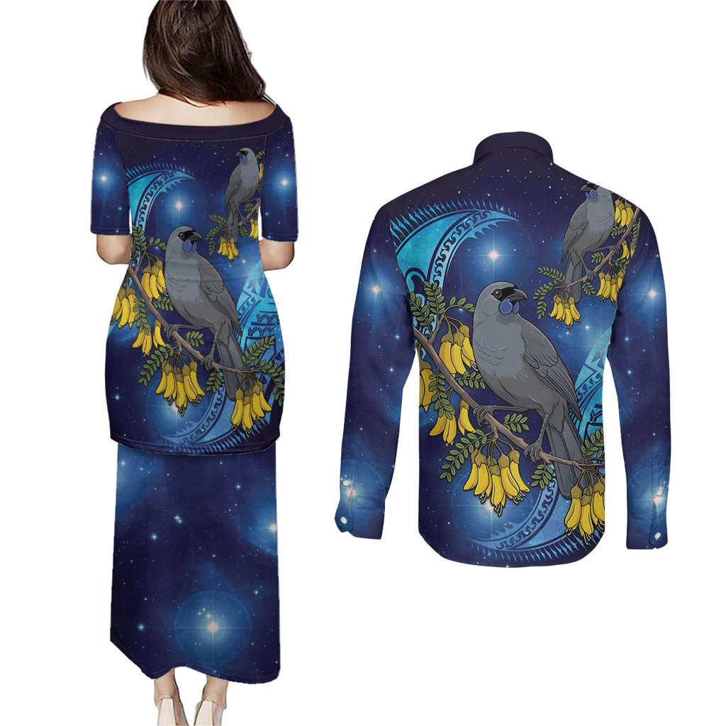 New Zealand Kokako Bird Couples Matching Puletasi and Long Sleeve Button Shirt Kowhai Galaxy Style Polynesian Pattern