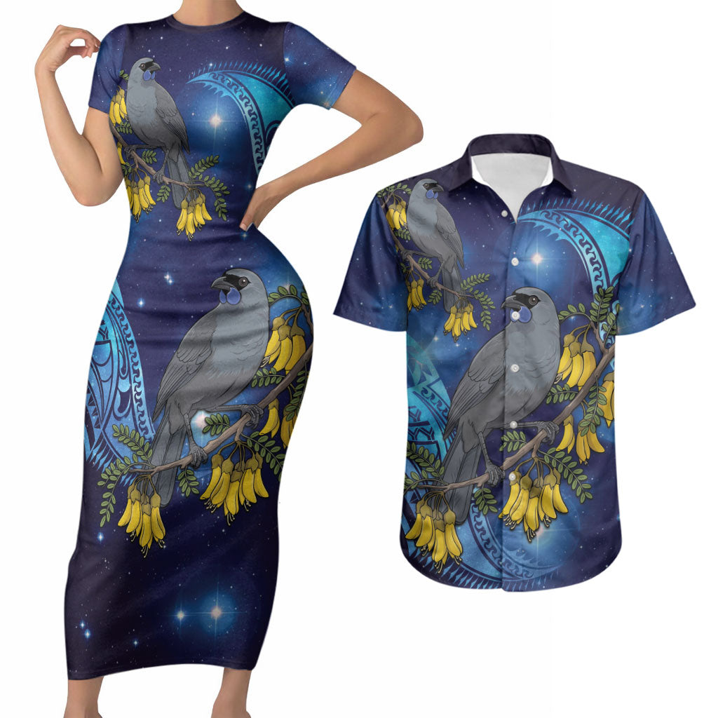 New Zealand Kokako Bird Couples Matching Short Sleeve Bodycon Dress and Hawaiian Shirt Kowhai Galaxy Style Polynesian Pattern LT22 Blue - Polynesian Pride