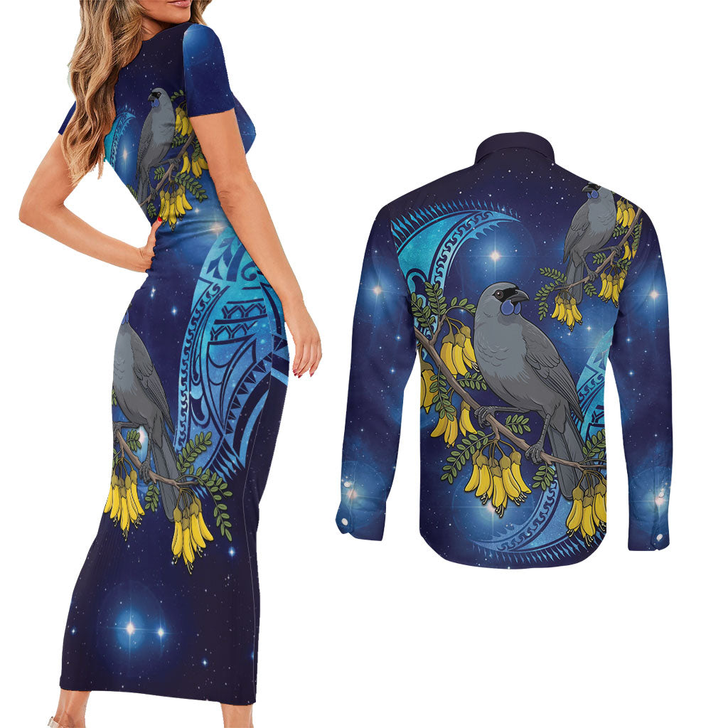 New Zealand Kokako Bird Couples Matching Short Sleeve Bodycon Dress and Long Sleeve Button Shirt Kowhai Galaxy Style Polynesian Pattern