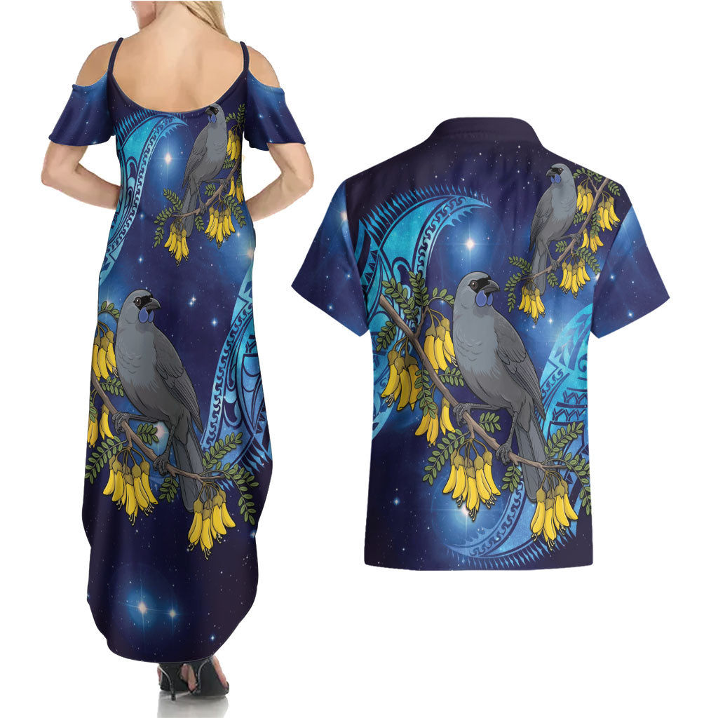 New Zealand Kokako Bird Couples Matching Summer Maxi Dress and Hawaiian Shirt Kowhai Galaxy Style Polynesian Pattern