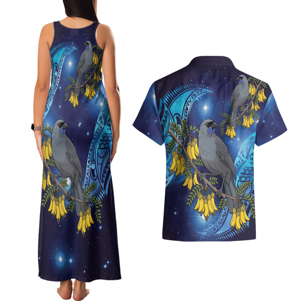 New Zealand Kokako Bird Couples Matching Tank Maxi Dress and Hawaiian Shirt Kowhai Galaxy Style Polynesian Pattern