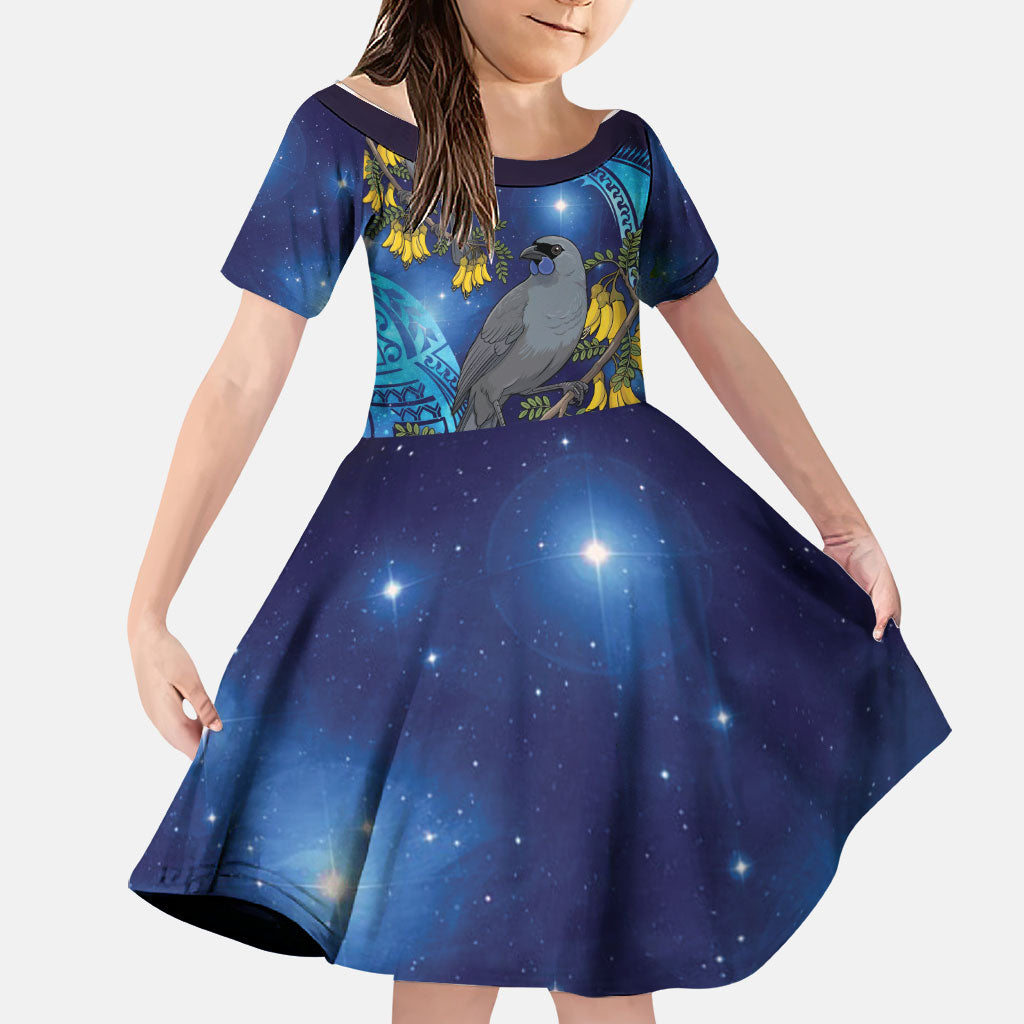 New Zealand Kokako Bird Family Matching Long Sleeve Bodycon Dress and Hawaiian Shirt Kowhai Galaxy Style Polynesian Pattern