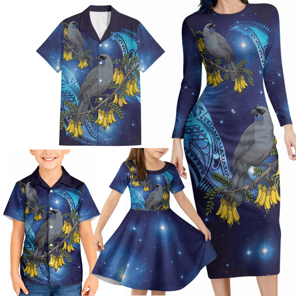New Zealand Kokako Bird Family Matching Long Sleeve Bodycon Dress and Hawaiian Shirt Kowhai Galaxy Style Polynesian Pattern LT22 - Polynesian Pride