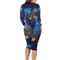 New Zealand Kokako Bird Family Matching Long Sleeve Bodycon Dress and Hawaiian Shirt Kowhai Galaxy Style Polynesian Pattern
