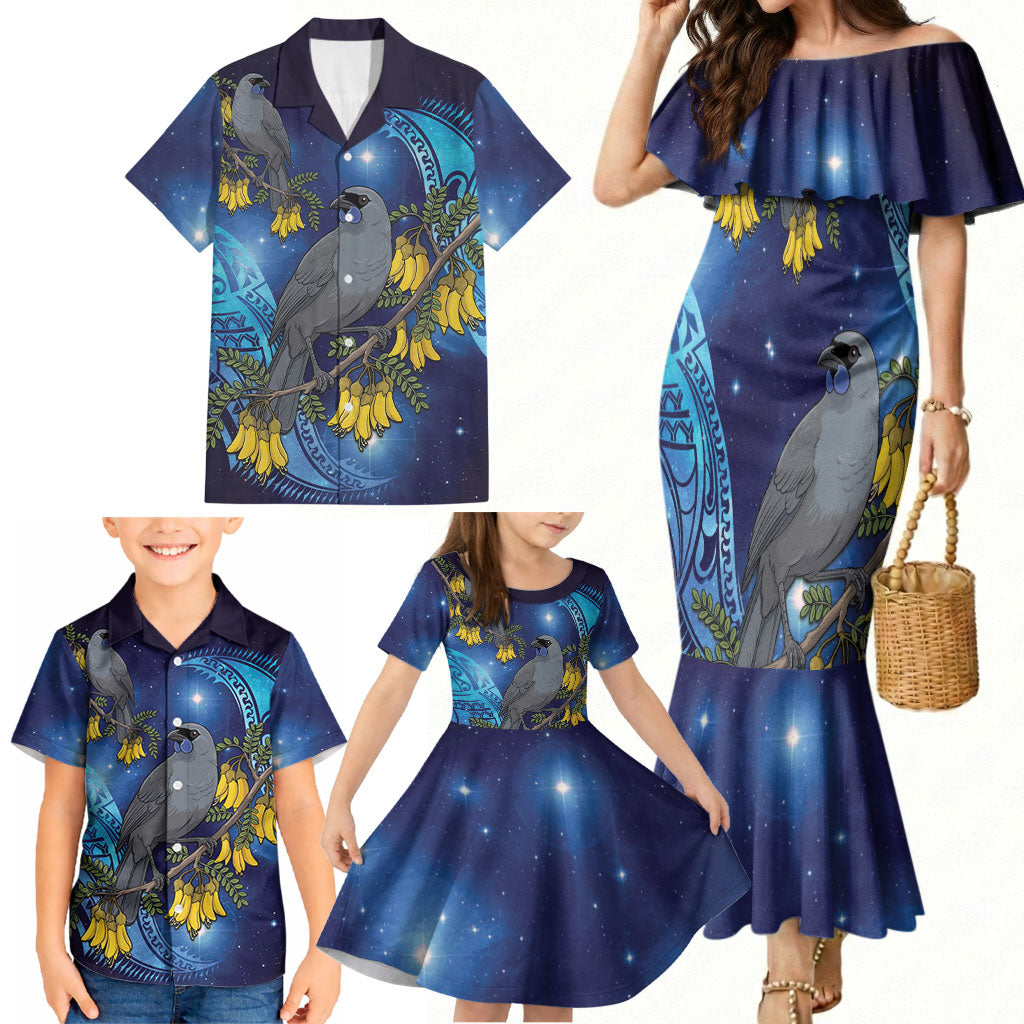 New Zealand Kokako Bird Family Matching Mermaid Dress and Hawaiian Shirt Kowhai Galaxy Style Polynesian Pattern LT22 - Polynesian Pride