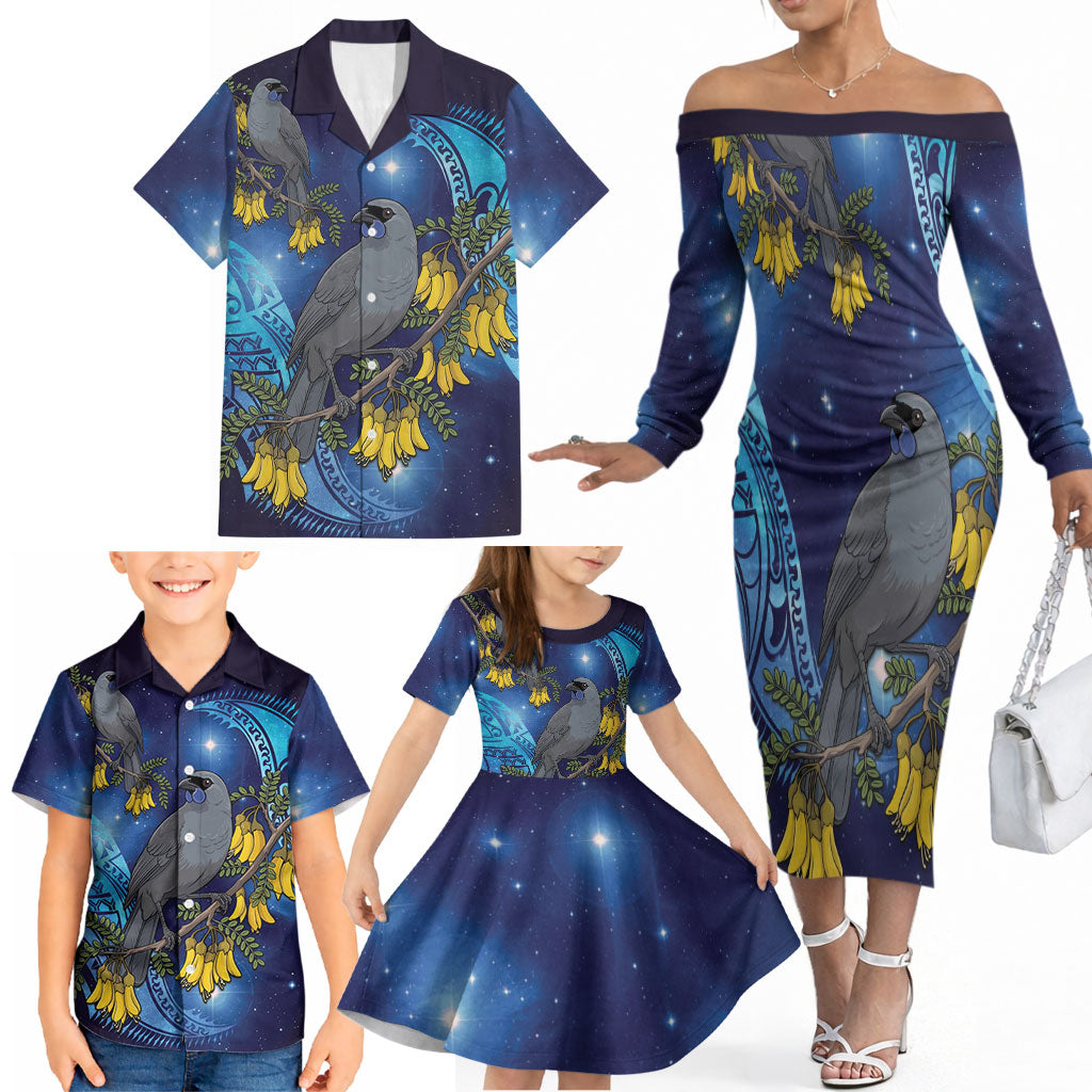 New Zealand Kokako Bird Family Matching Off The Shoulder Long Sleeve Dress and Hawaiian Shirt Kowhai Galaxy Style Polynesian Pattern LT22 - Polynesian Pride