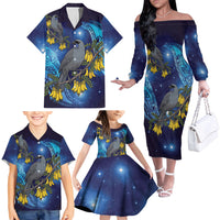 New Zealand Kokako Bird Family Matching Off The Shoulder Long Sleeve Dress and Hawaiian Shirt Kowhai Galaxy Style Polynesian Pattern