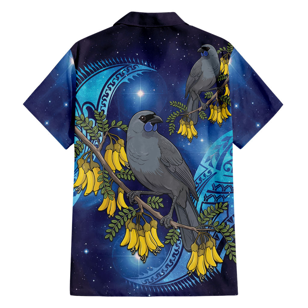 New Zealand Kokako Bird Family Matching Off The Shoulder Long Sleeve Dress and Hawaiian Shirt Kowhai Galaxy Style Polynesian Pattern