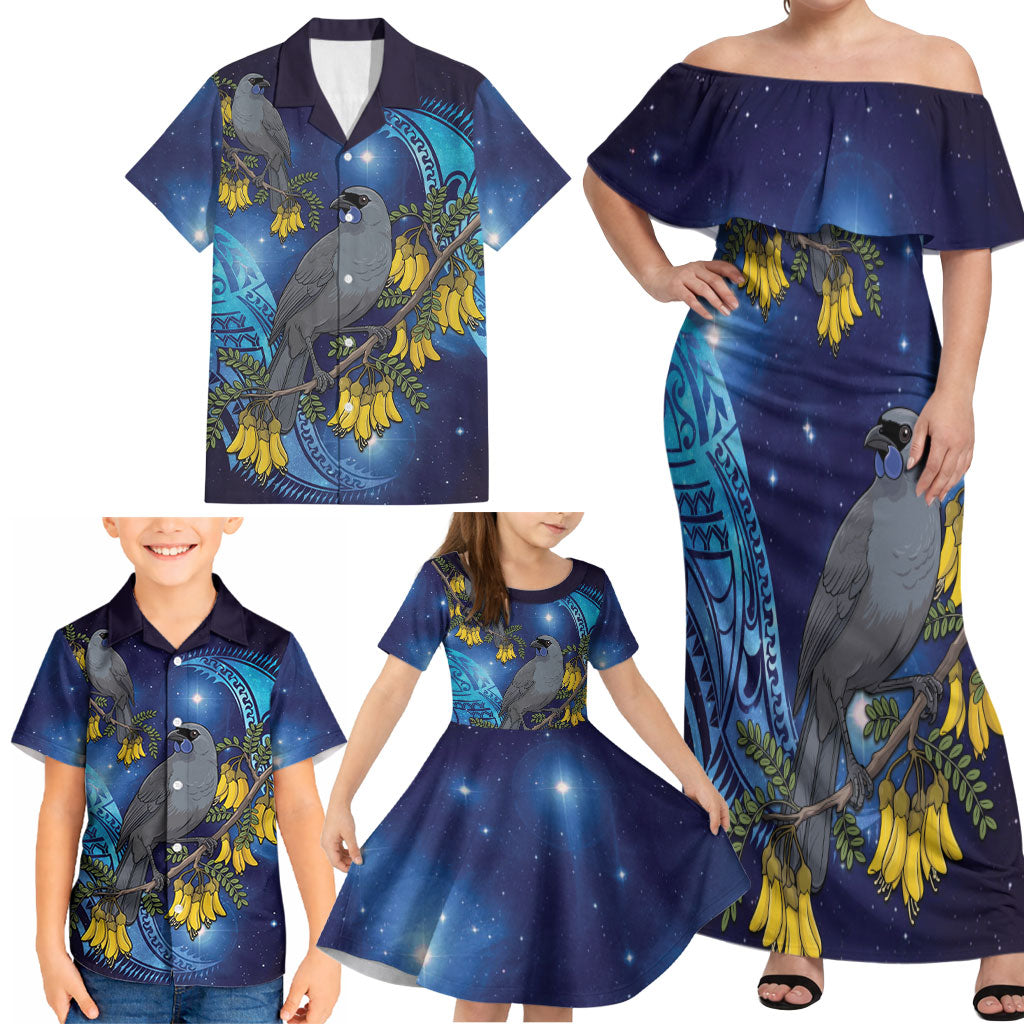 New Zealand Kokako Bird Family Matching Off Shoulder Maxi Dress and Hawaiian Shirt Kowhai Galaxy Style Polynesian Pattern LT22 - Polynesian Pride
