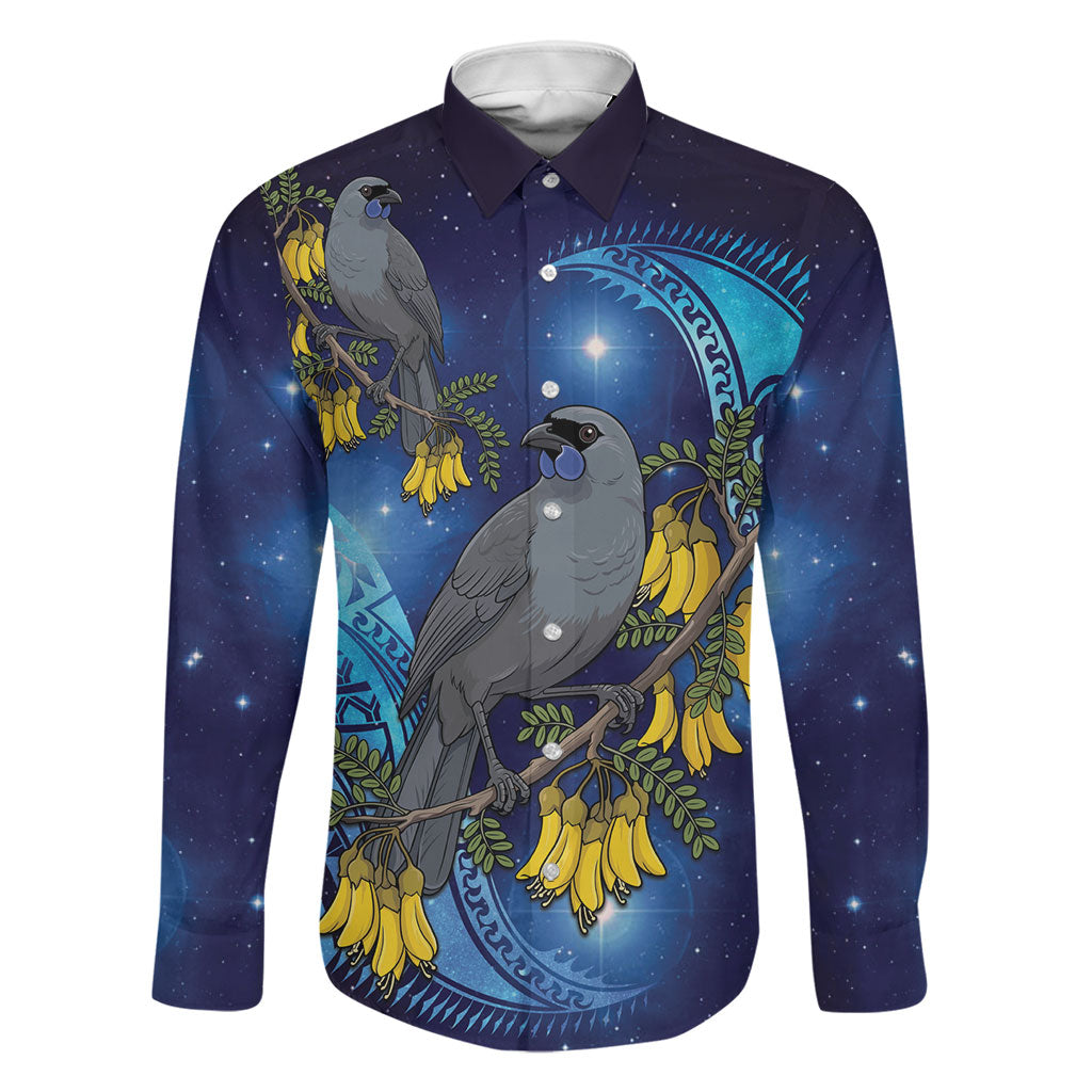 New Zealand Kokako Bird Family Matching Off Shoulder Maxi Dress and Hawaiian Shirt Kowhai Galaxy Style Polynesian Pattern