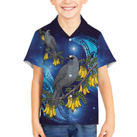 New Zealand Kokako Bird Family Matching Off Shoulder Maxi Dress and Hawaiian Shirt Kowhai Galaxy Style Polynesian Pattern
