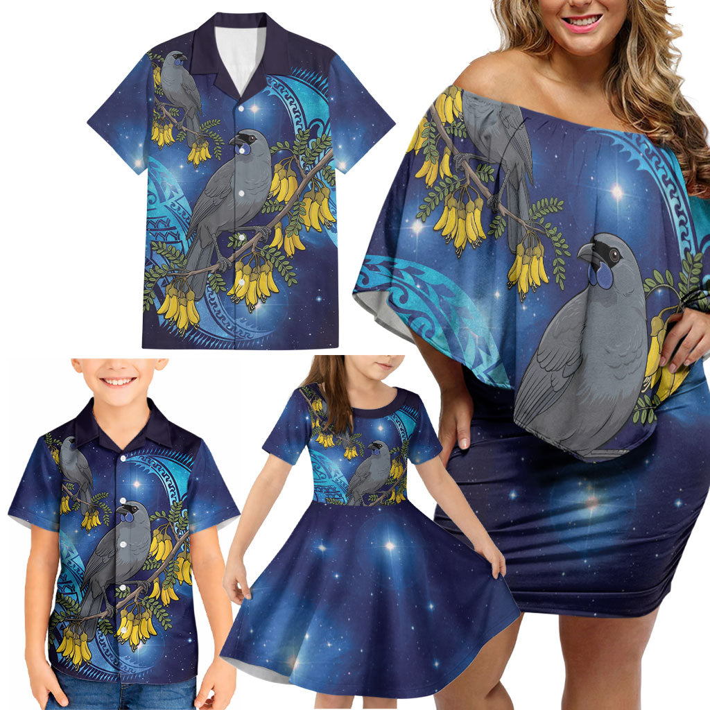 New Zealand Kokako Bird Family Matching Off Shoulder Short Dress and Hawaiian Shirt Kowhai Galaxy Style Polynesian Pattern LT22 - Polynesian Pride