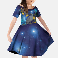 New Zealand Kokako Bird Family Matching Short Sleeve Bodycon Dress and Hawaiian Shirt Kowhai Galaxy Style Polynesian Pattern