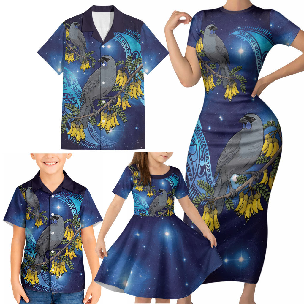New Zealand Kokako Bird Family Matching Short Sleeve Bodycon Dress and Hawaiian Shirt Kowhai Galaxy Style Polynesian Pattern LT22 - Polynesian Pride
