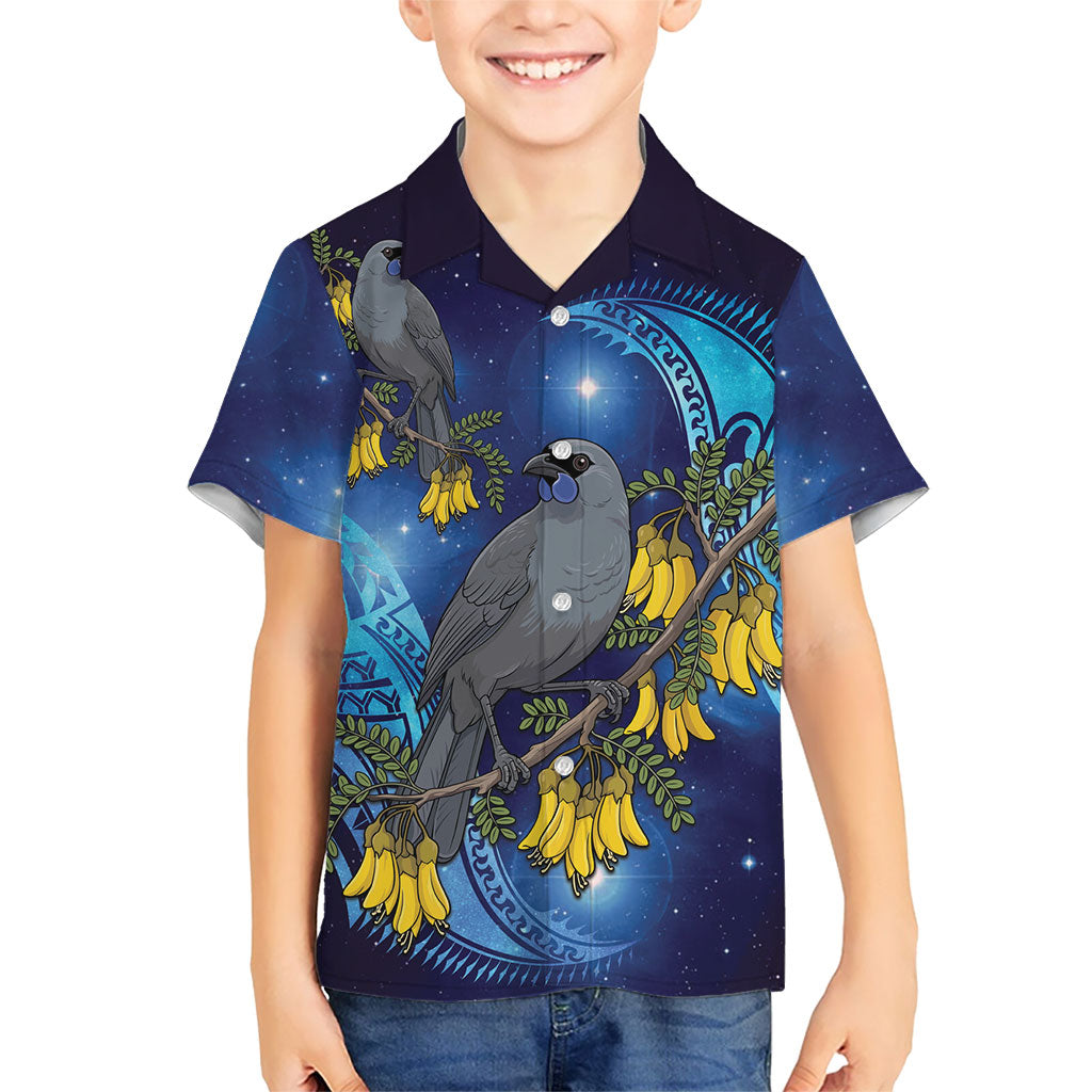 New Zealand Kokako Bird Family Matching Short Sleeve Bodycon Dress and Hawaiian Shirt Kowhai Galaxy Style Polynesian Pattern