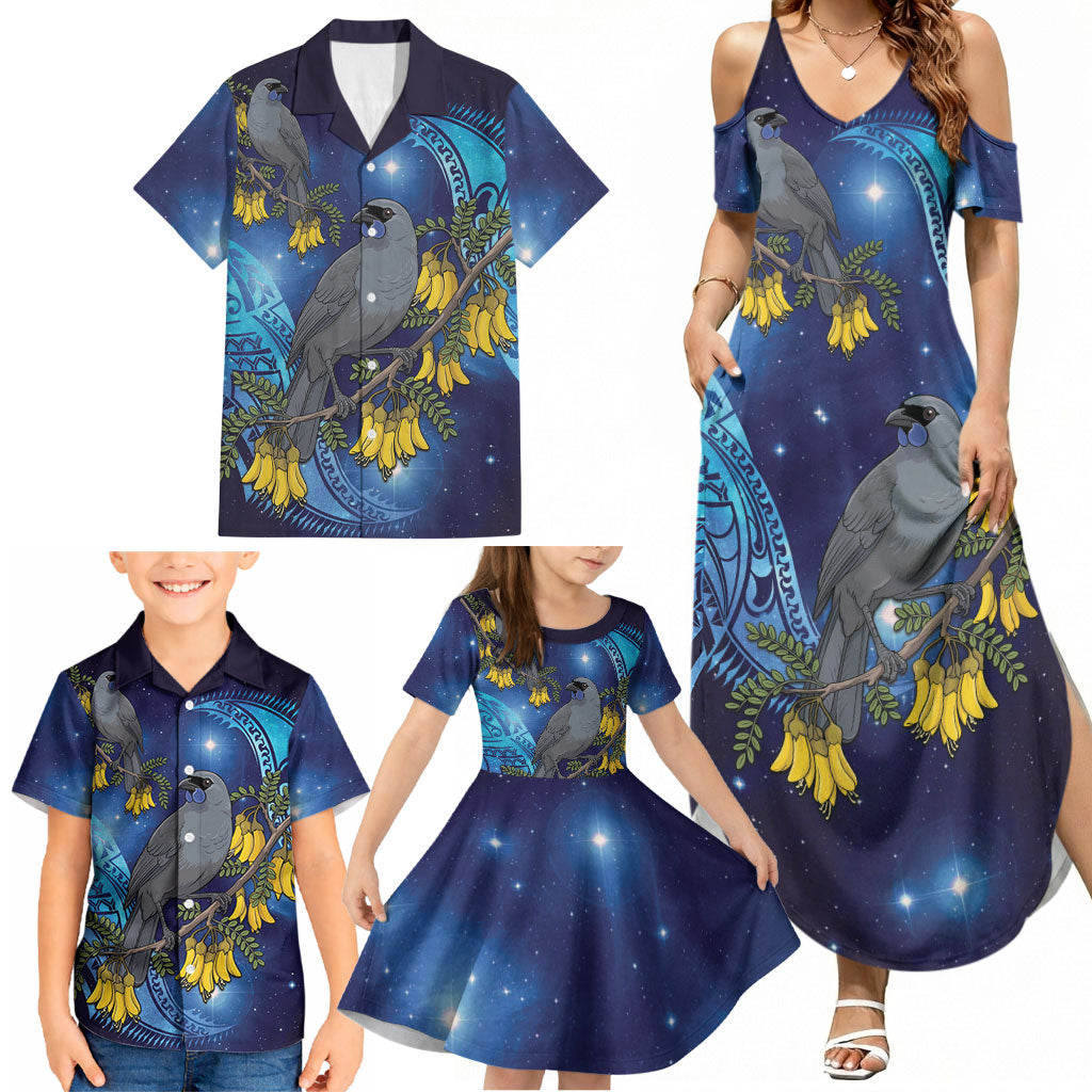 New Zealand Kokako Bird Family Matching Summer Maxi Dress and Hawaiian Shirt Kowhai Galaxy Style Polynesian Pattern LT22 - Polynesian Pride