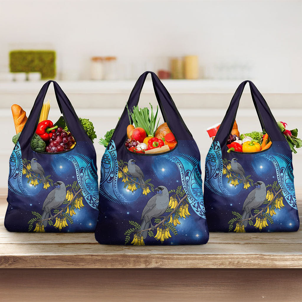 New Zealand Kokako Bird Grocery Bag Kowhai Galaxy Style Polynesian Pattern