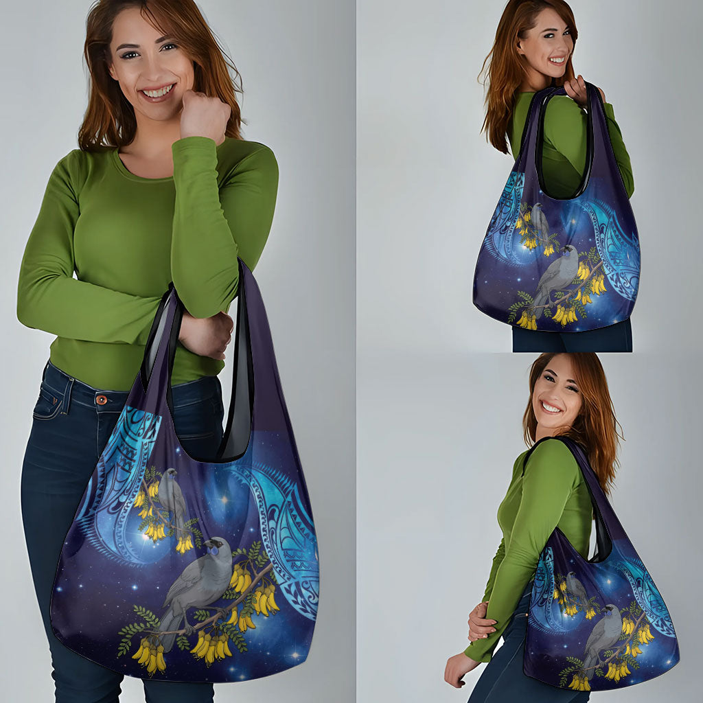 New Zealand Kokako Bird Grocery Bag Kowhai Galaxy Style Polynesian Pattern