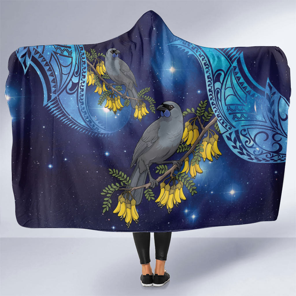 New Zealand Kokako Bird Hooded Blanket Kowhai Galaxy Style Polynesian Pattern