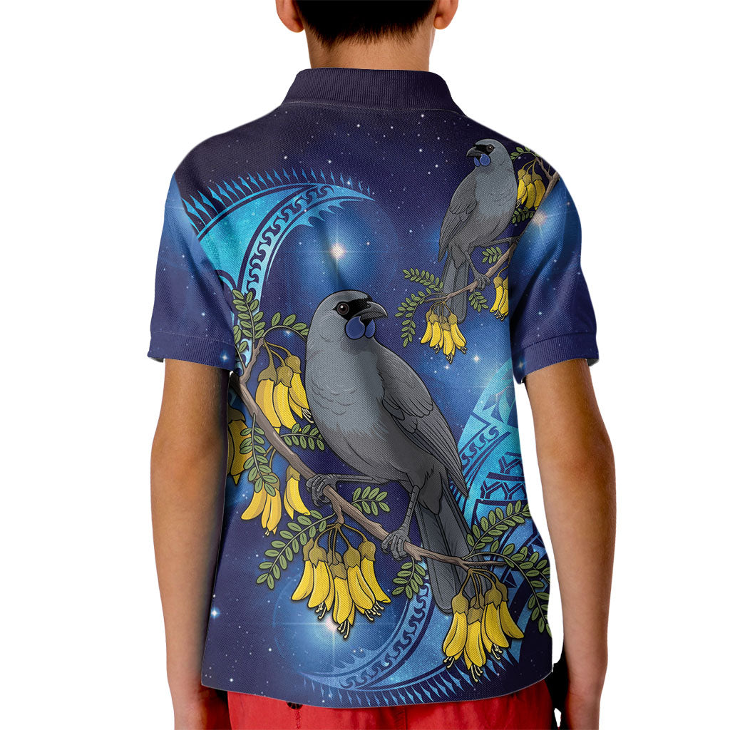 New Zealand Kokako Bird Kid Polo Shirt Kowhai Galaxy Style Polynesian Pattern