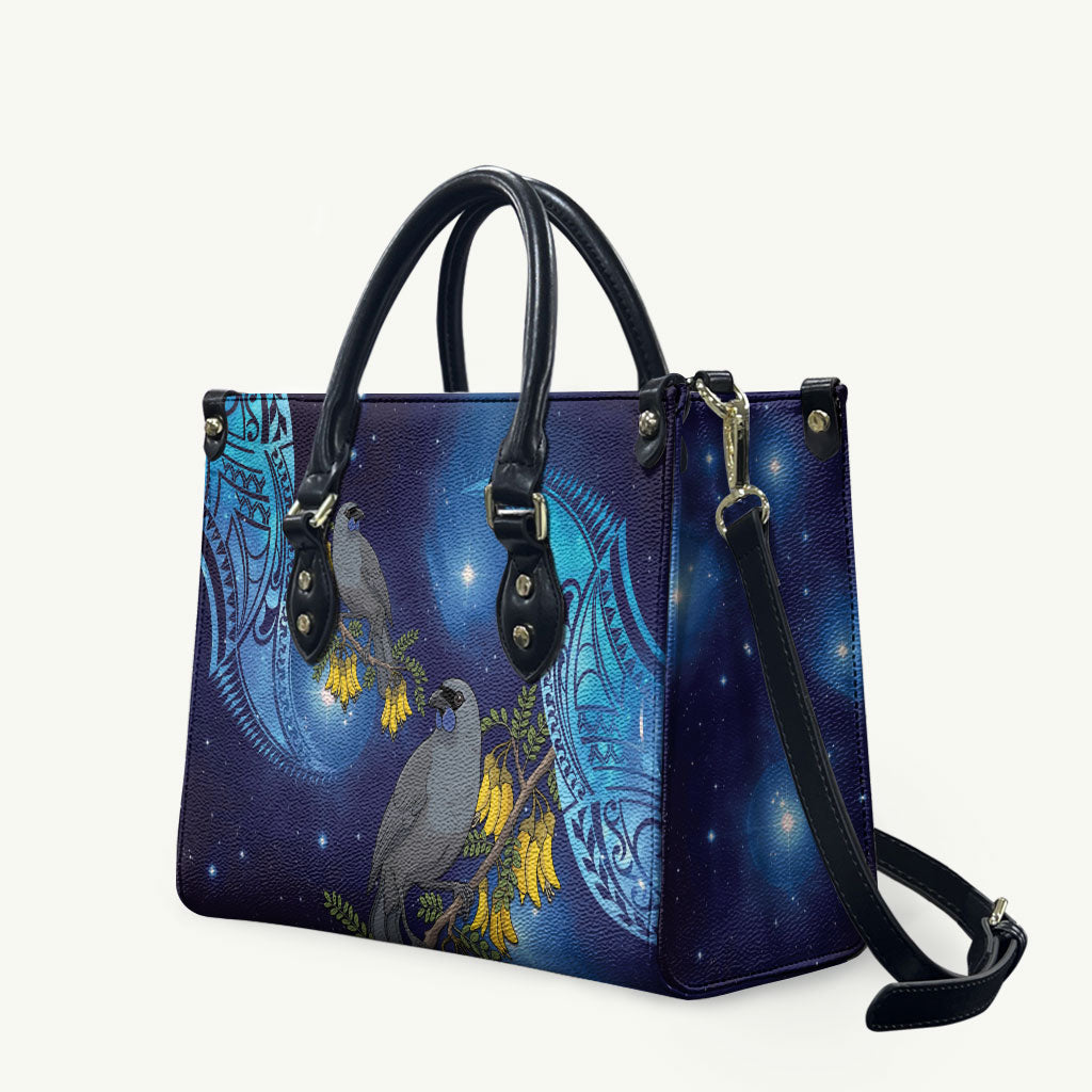 New Zealand Kokako Bird Leather Bag Kowhai Galaxy Style Polynesian Pattern