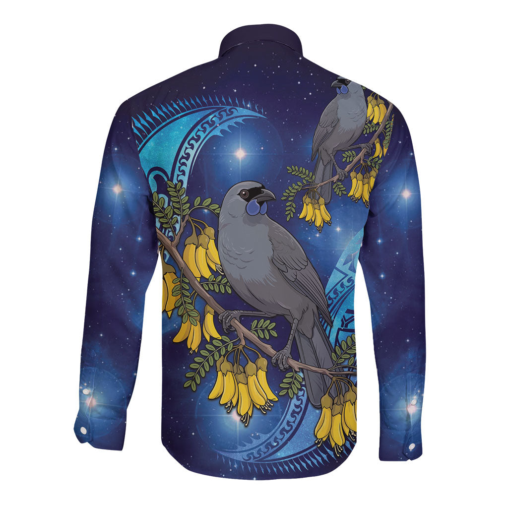 New Zealand Kokako Bird Long Sleeve Button Shirt Kowhai Galaxy Style Polynesian Pattern