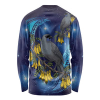 New Zealand Kokako Bird Long Sleeve Shirt Kowhai Galaxy Style Polynesian Pattern