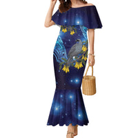 New Zealand Kokako Bird Mermaid Dress Kowhai Galaxy Style Polynesian Pattern