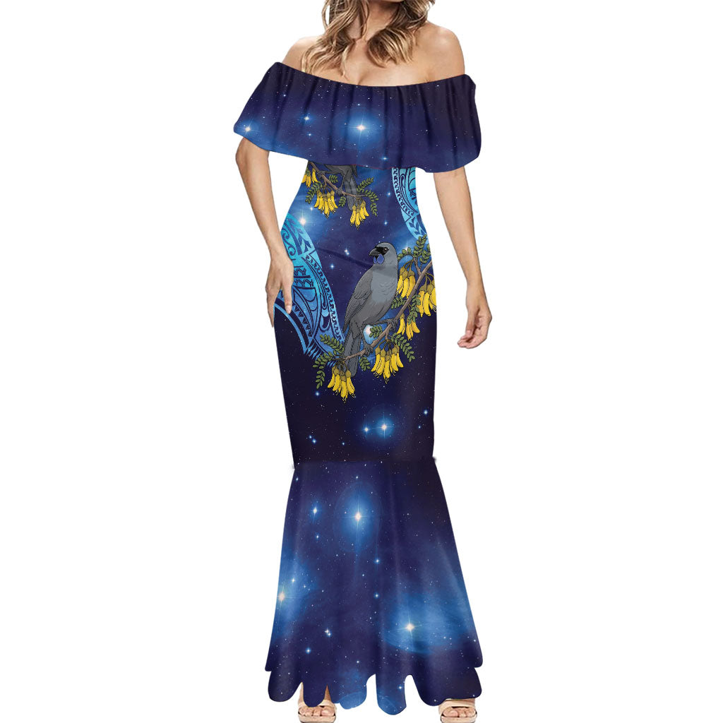 New Zealand Kokako Bird Mermaid Dress Kowhai Galaxy Style Polynesian Pattern