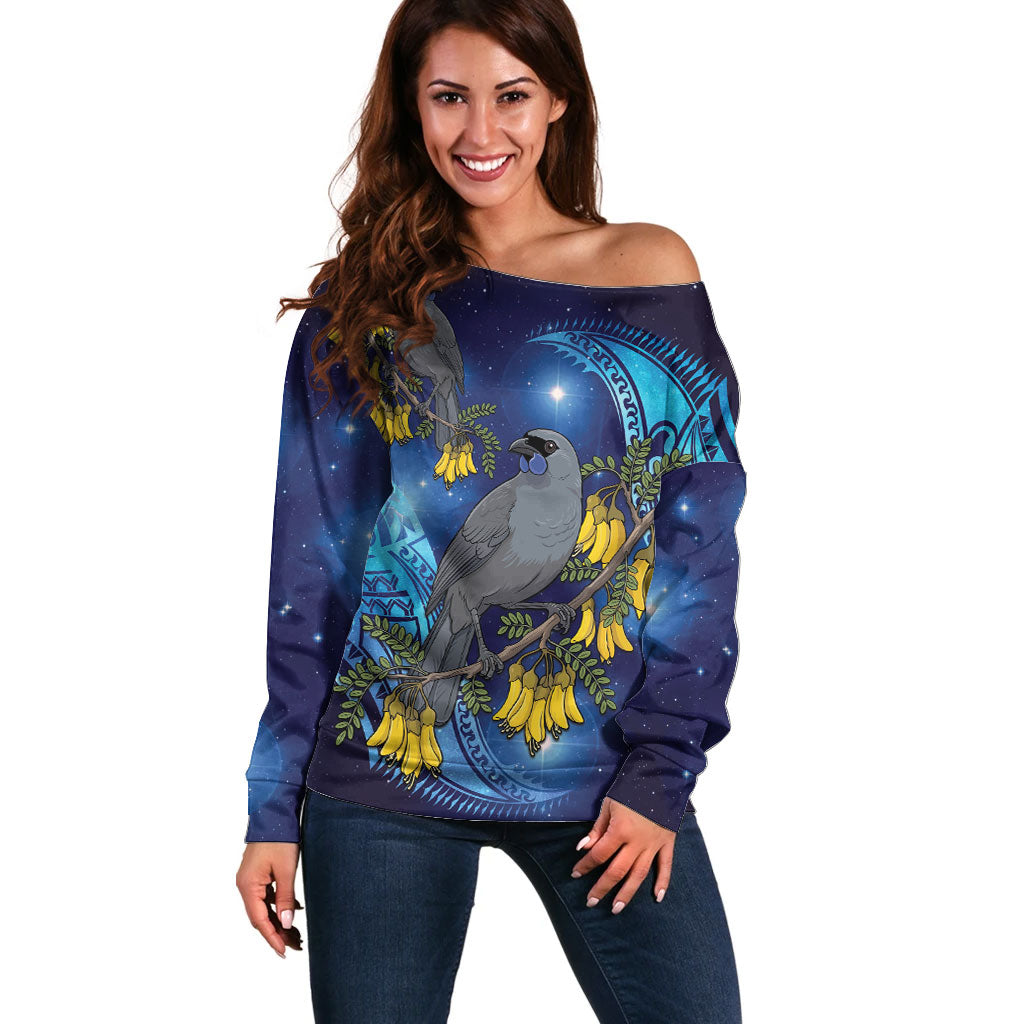 New Zealand Kokako Bird Off Shoulder Sweater Kowhai Galaxy Style Polynesian Pattern