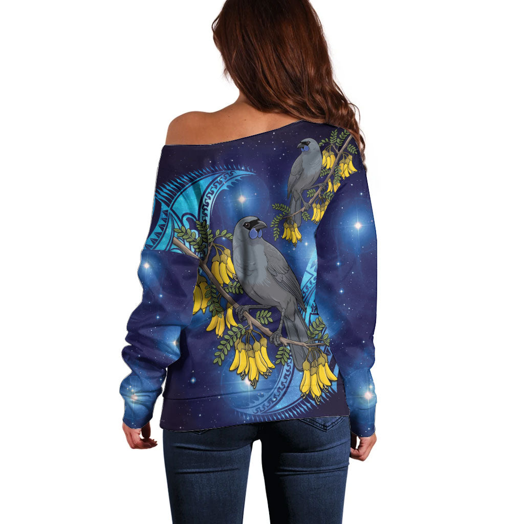 New Zealand Kokako Bird Off Shoulder Sweater Kowhai Galaxy Style Polynesian Pattern