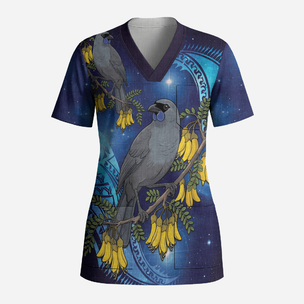 New Zealand Kokako Bird Scrub Top Kowhai Galaxy Style Polynesian Pattern