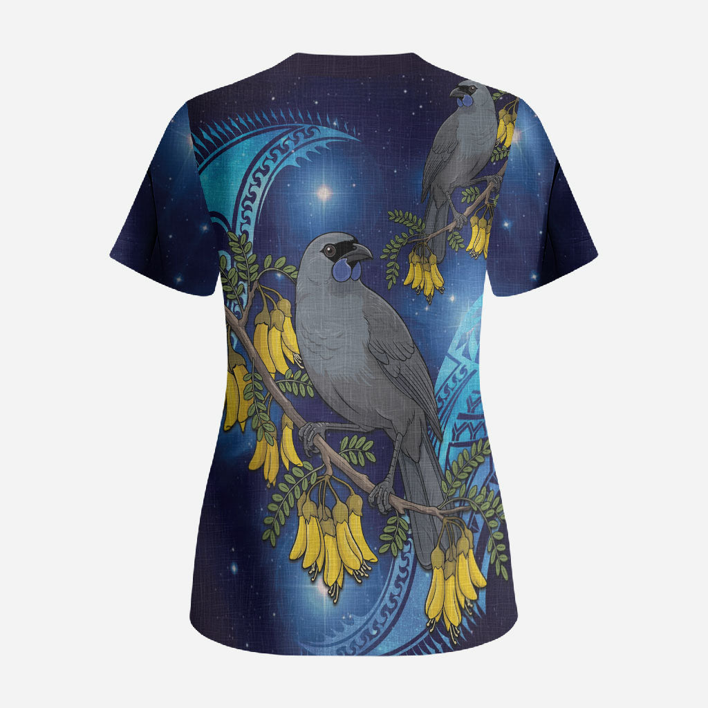 New Zealand Kokako Bird Scrub Top Kowhai Galaxy Style Polynesian Pattern