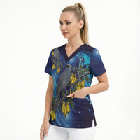 New Zealand Kokako Bird Scrub Top Kowhai Galaxy Style Polynesian Pattern
