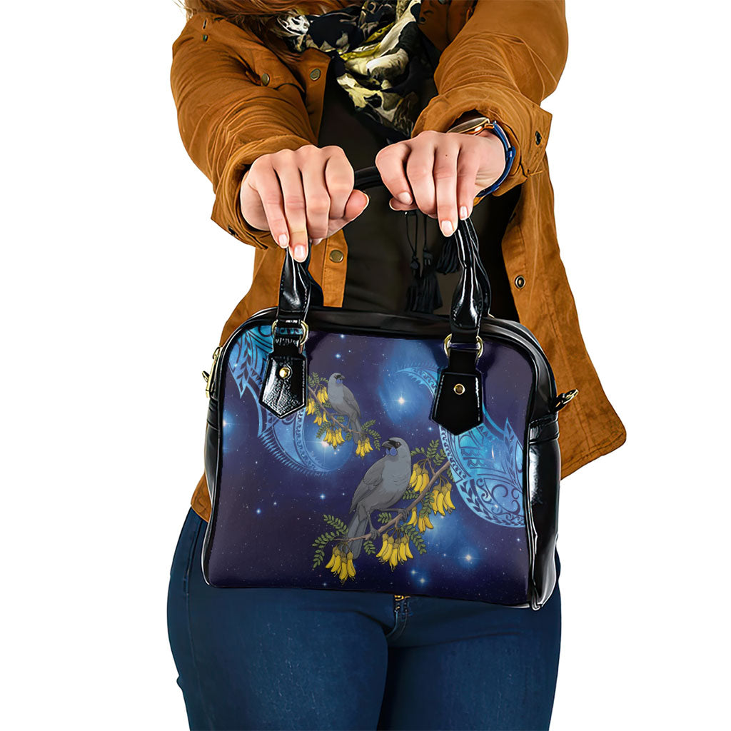 New Zealand Kokako Bird Shoulder Handbag Kowhai Galaxy Style Polynesian Pattern