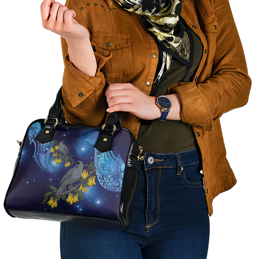 New Zealand Kokako Bird Shoulder Handbag Kowhai Galaxy Style Polynesian Pattern