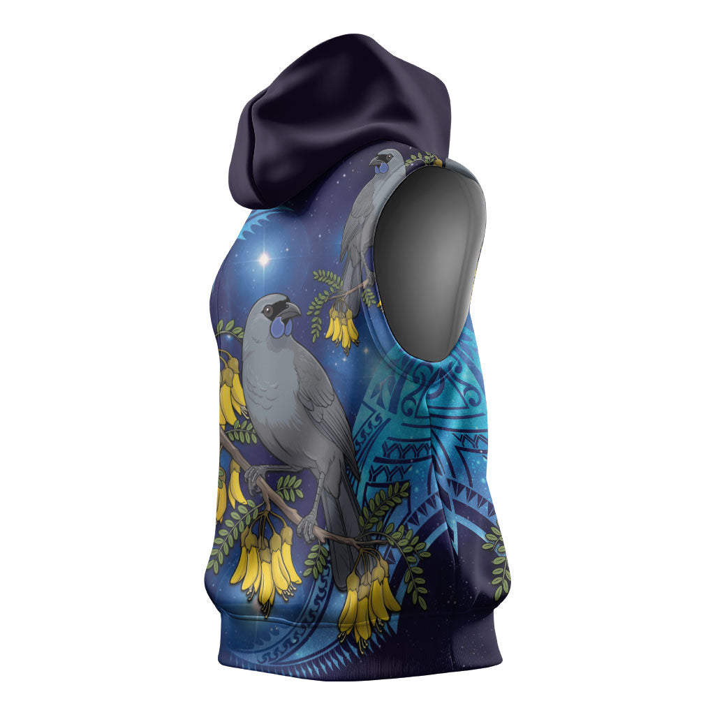 New Zealand Kokako Bird Sleeveless Hoodie Kowhai Galaxy Style Polynesian Pattern