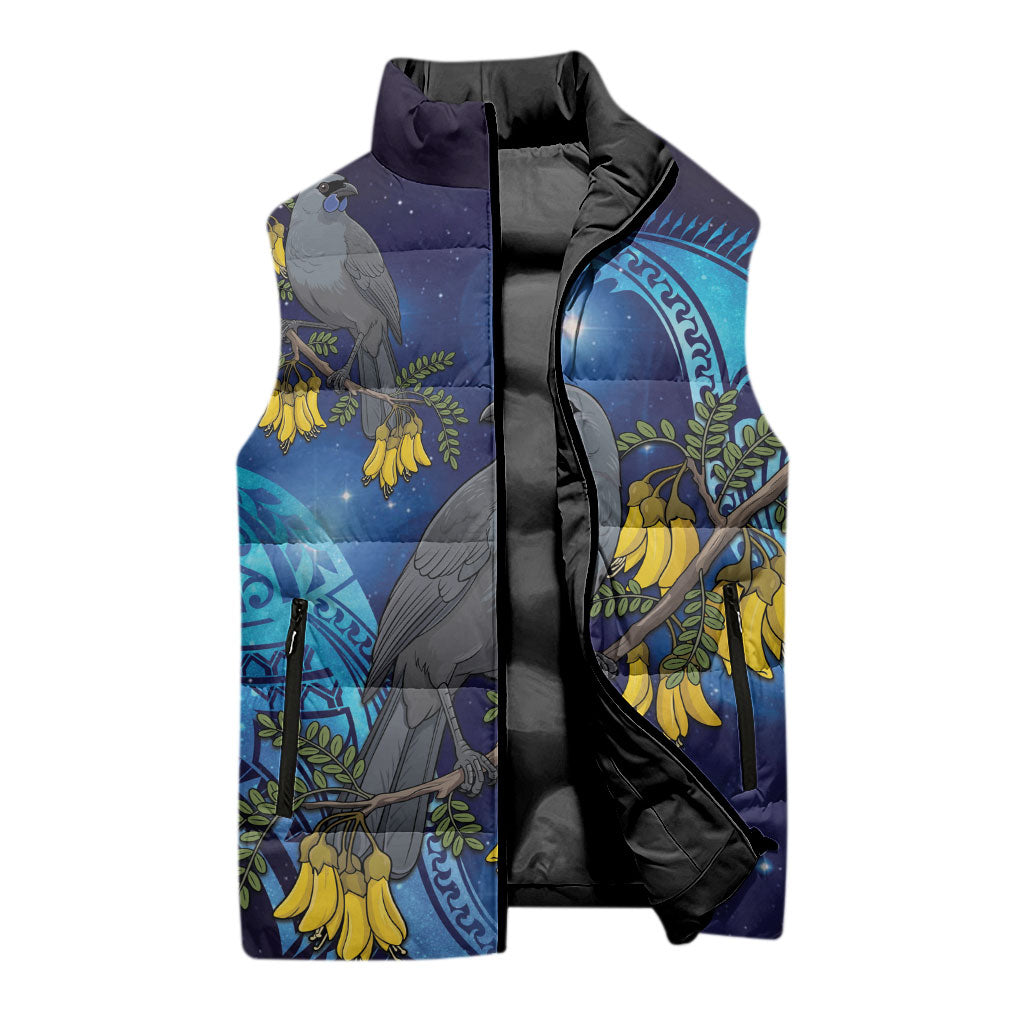 New Zealand Kokako Bird Sleeveless Puffer Jacket Kowhai Galaxy Style Polynesian Pattern
