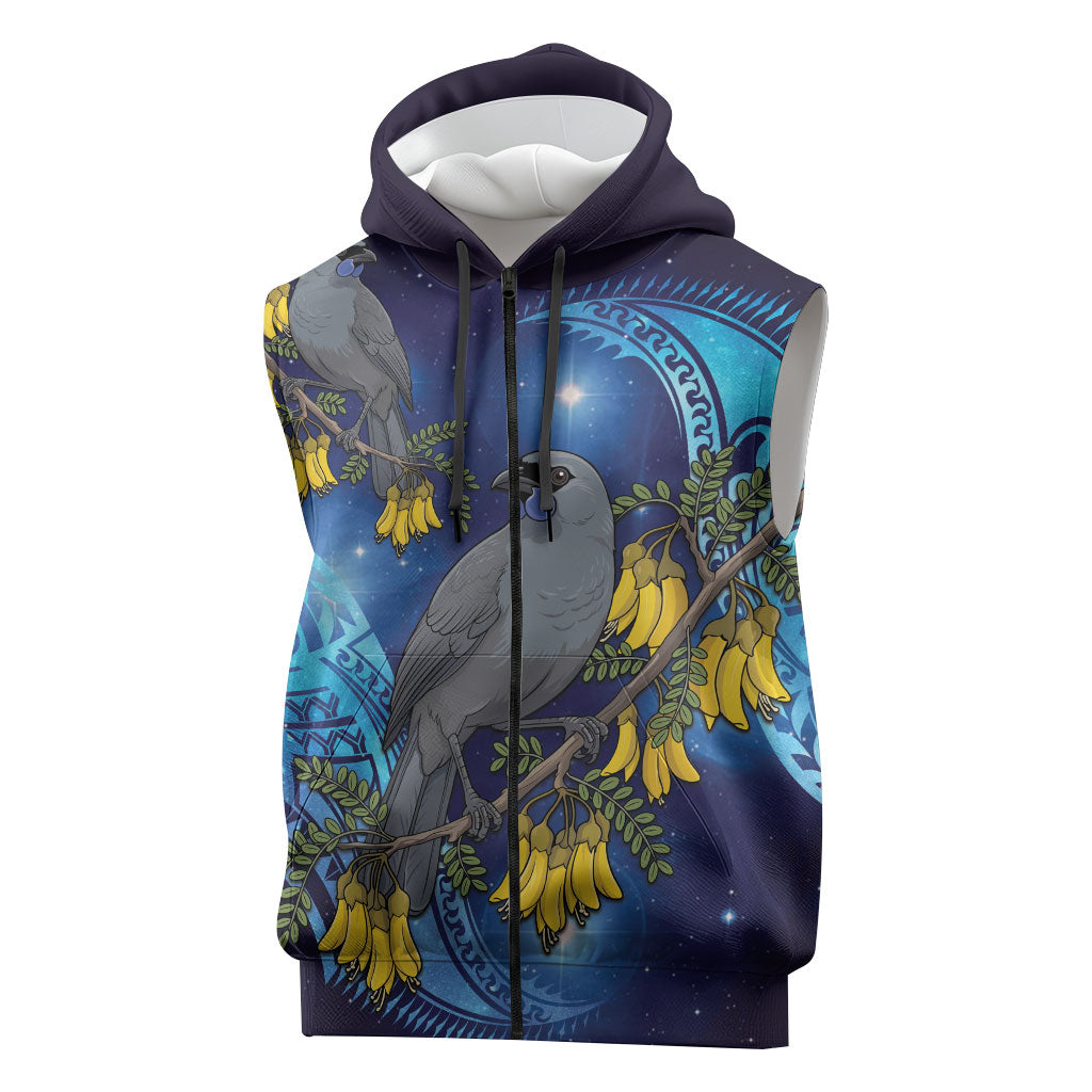 New Zealand Kokako Bird Sleeveless Zip Hoodie Kowhai Galaxy Style Polynesian Pattern