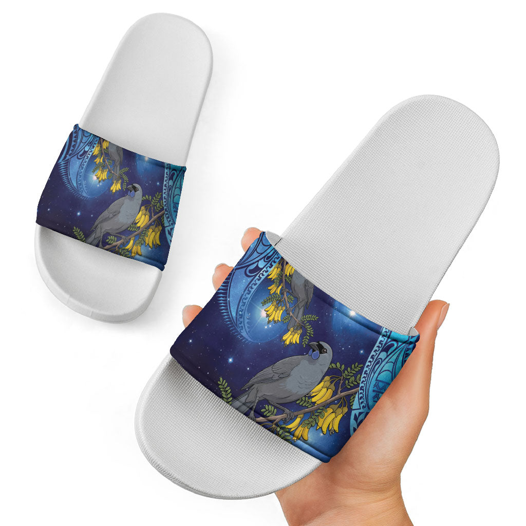 New Zealand Kokako Bird Slide Sandals Kowhai Galaxy Style Polynesian Pattern