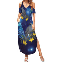 New Zealand Kokako Bird Summer Maxi Dress Kowhai Galaxy Style Polynesian Pattern