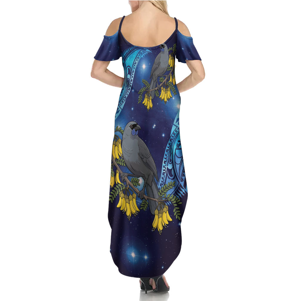 New Zealand Kokako Bird Summer Maxi Dress Kowhai Galaxy Style Polynesian Pattern