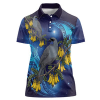 New Zealand Kokako Bird Women Polo Shirt Kowhai Galaxy Style Polynesian Pattern