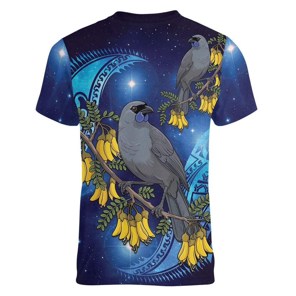 New Zealand Kokako Bird Women V-Neck T-Shirt Kowhai Galaxy Style Polynesian Pattern